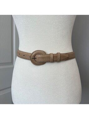 Vintage Beige Tan Snakeskin Embossed Leather Belt Oval Buckle Size Small